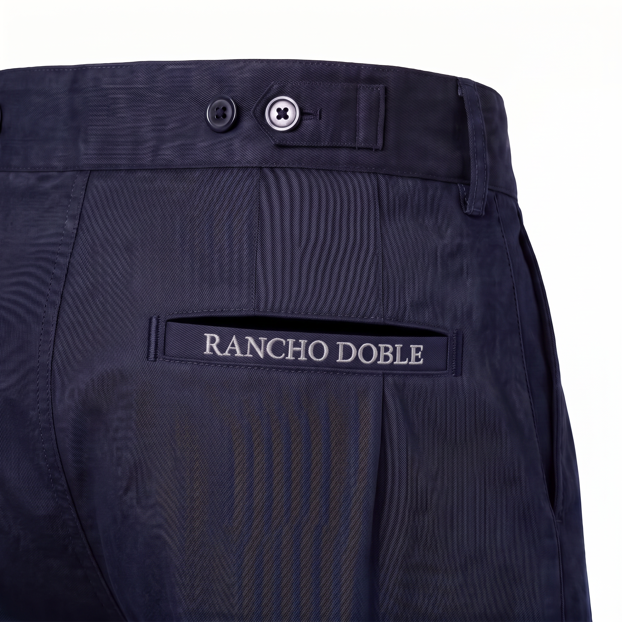 Bombacha de Campo Rancho Doble Azul Marino — detalle bolsillo trasero con etiqueta tejida