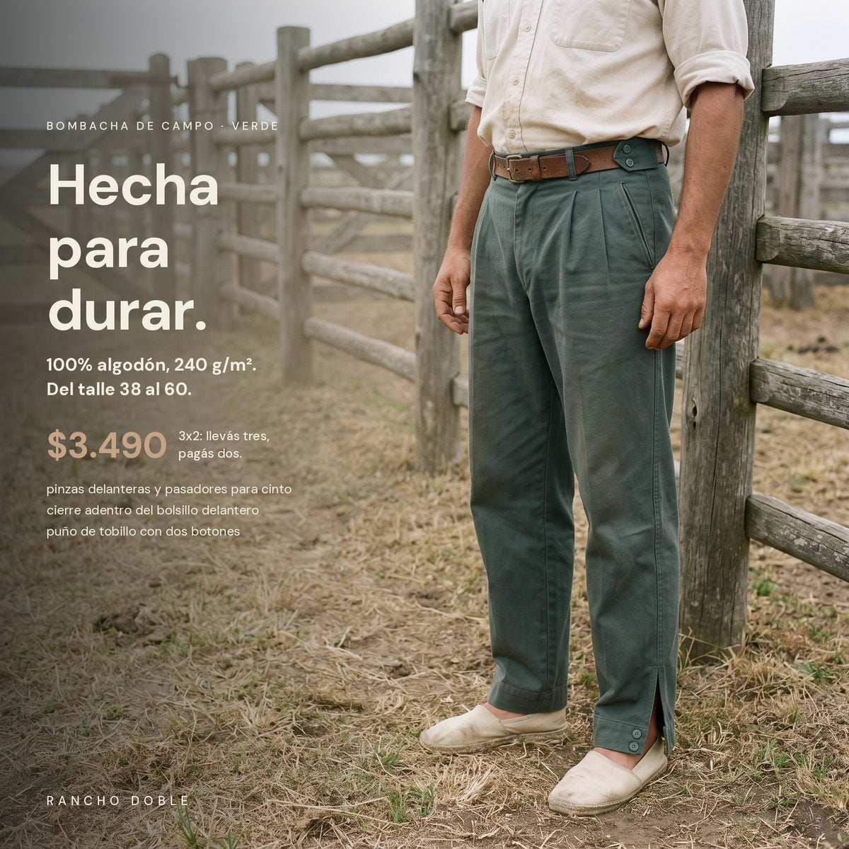 Bombacha de Campo Rancho Doble Verde — de cuerpo entero en el campo