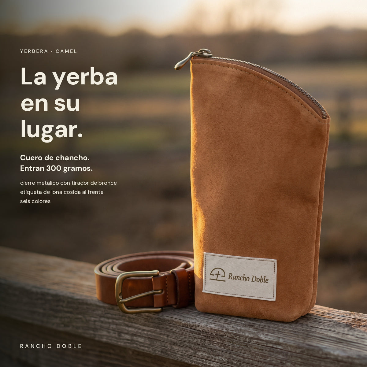 Yerbera de cuero de chancho Camel en el campo